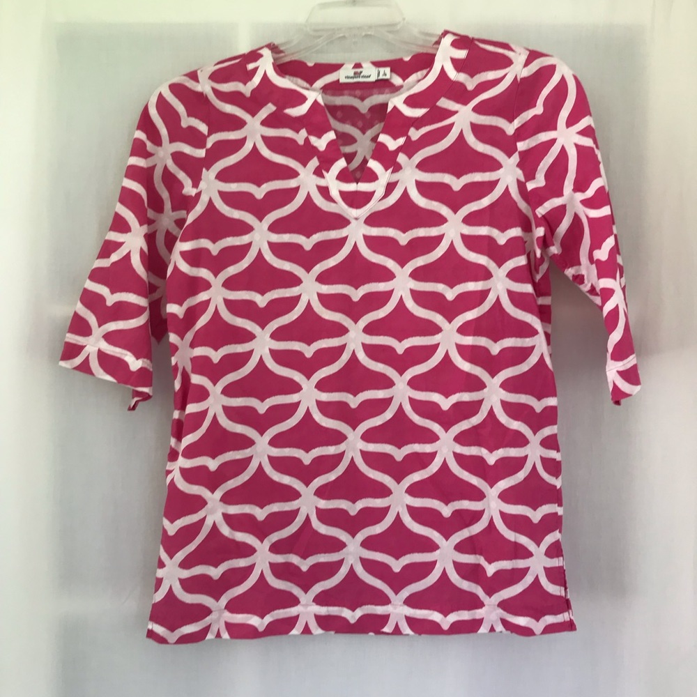 Vineyard Vines Vintage Whale Tail Tunic V-neck Blouse Top Size L 14 Pink